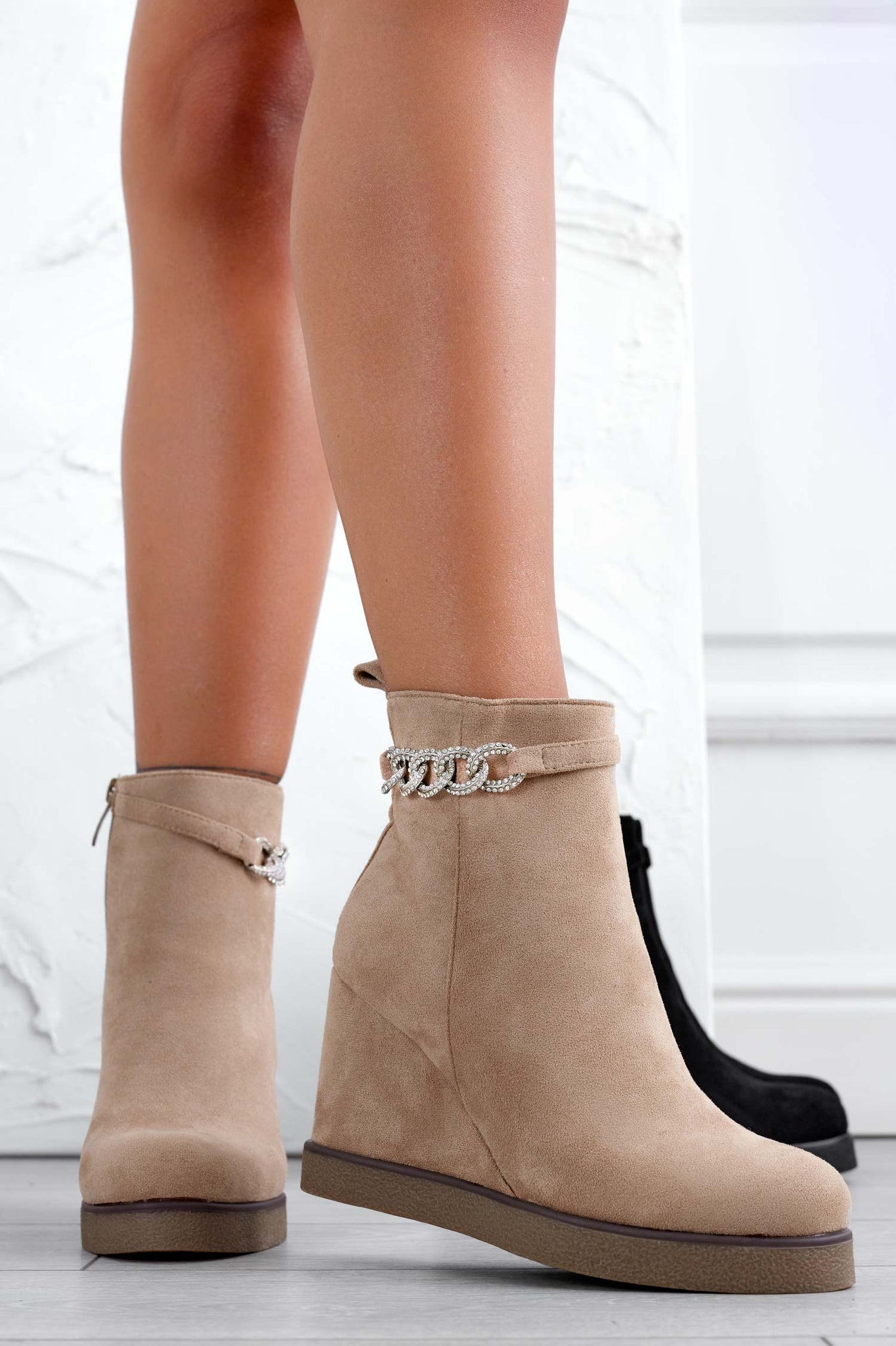 Mud ankle boots with wedge heel and jewel chain