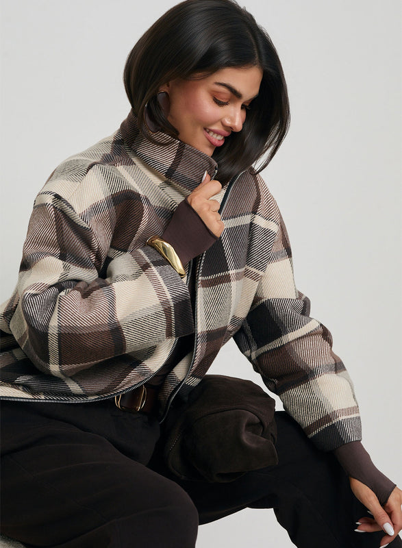 Blouson bomber à carreaux marron et beige