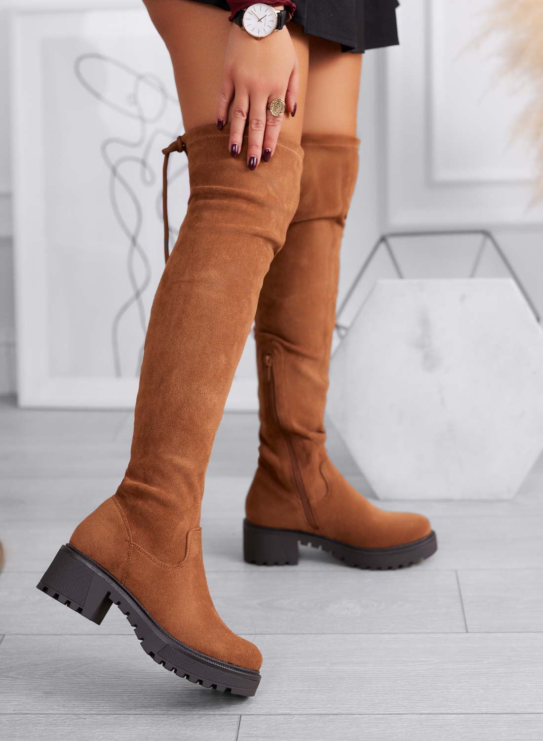 FLUX stivali donna camel scamosciati alla coscia con suola chunky