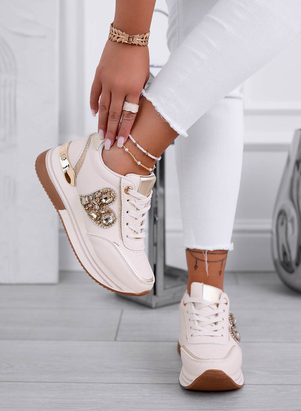 VENERE - Sneakers beige con cuore gioiello oro