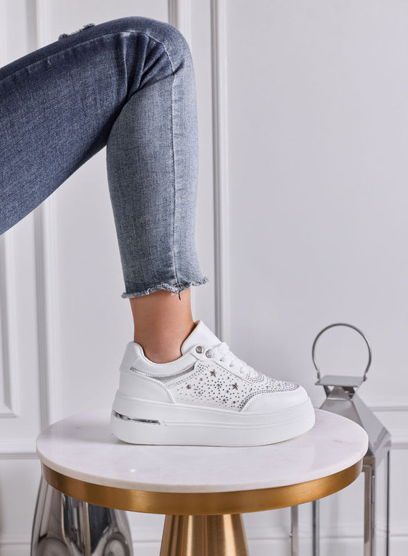 MELANIA - Sneakers Donna bianche con Strass, Stelline e Suola Platform