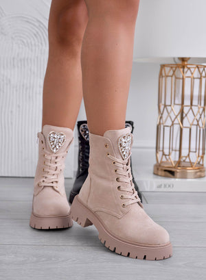 BRIGITTE - Beige ankle boots with jeweled heart