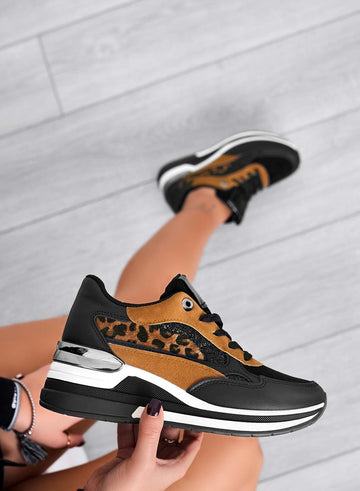 Black sneakers with glitter and animal print inserts