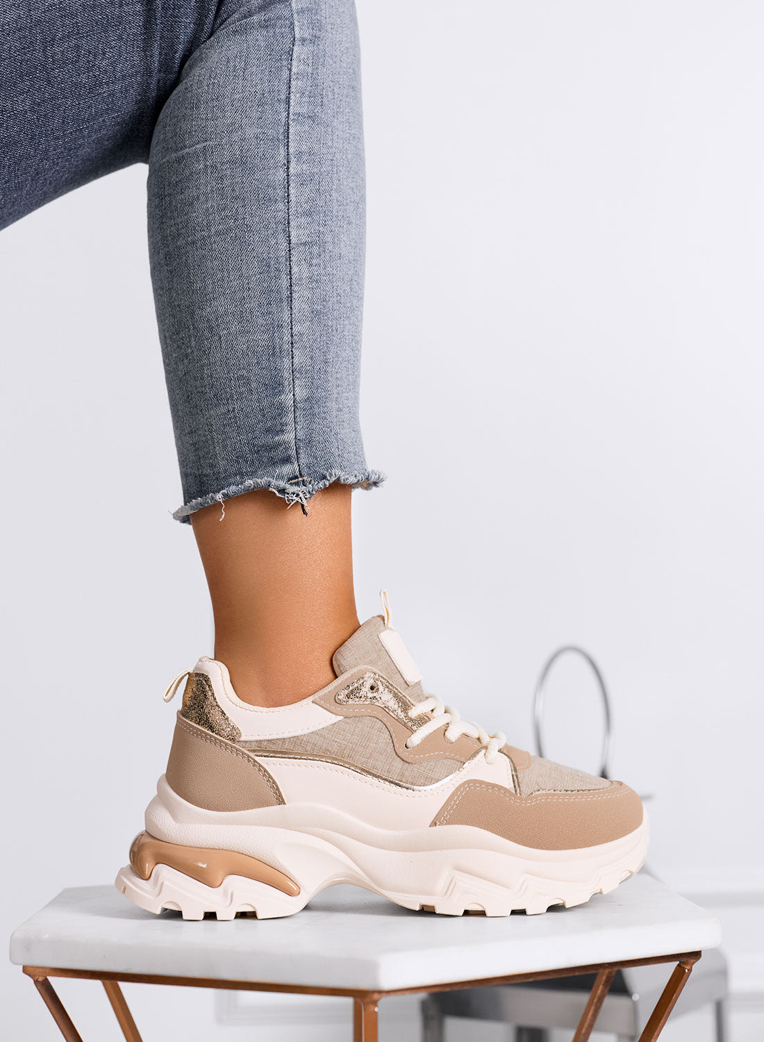 TRILLY - Chunky beige sneakers with gold details and maxi sole