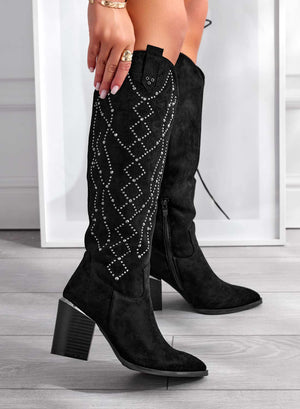 VERONICA - Black suede boots with rhinestones