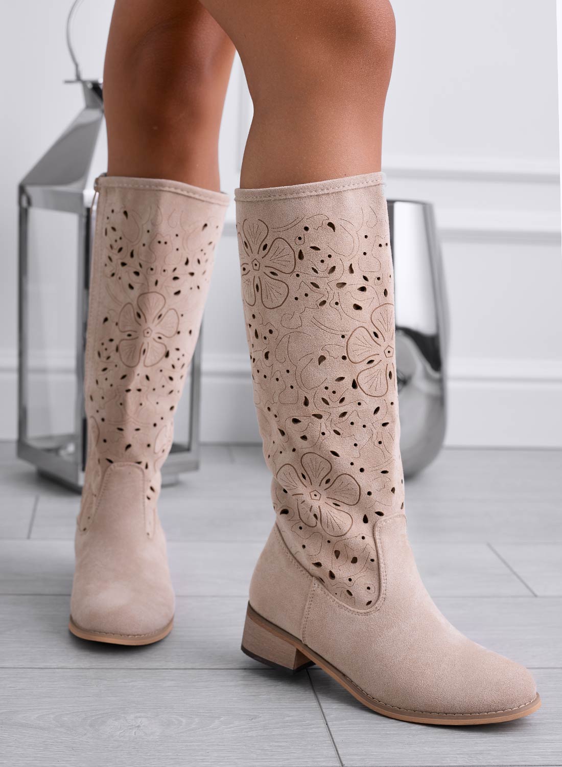 Beige mid-calf perforated suede boots