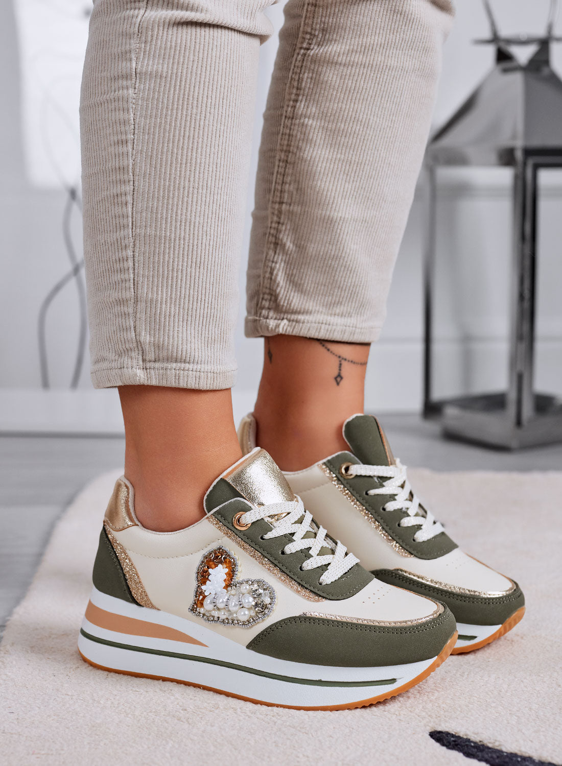 LORELLA - Green sneakers with heart-shaped jewel embellishment