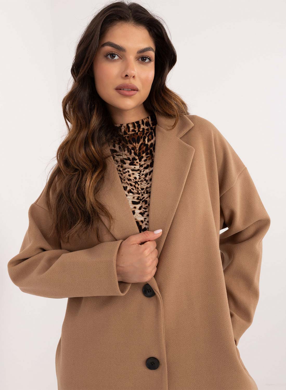 Elegant long mud-colored coat with buttons