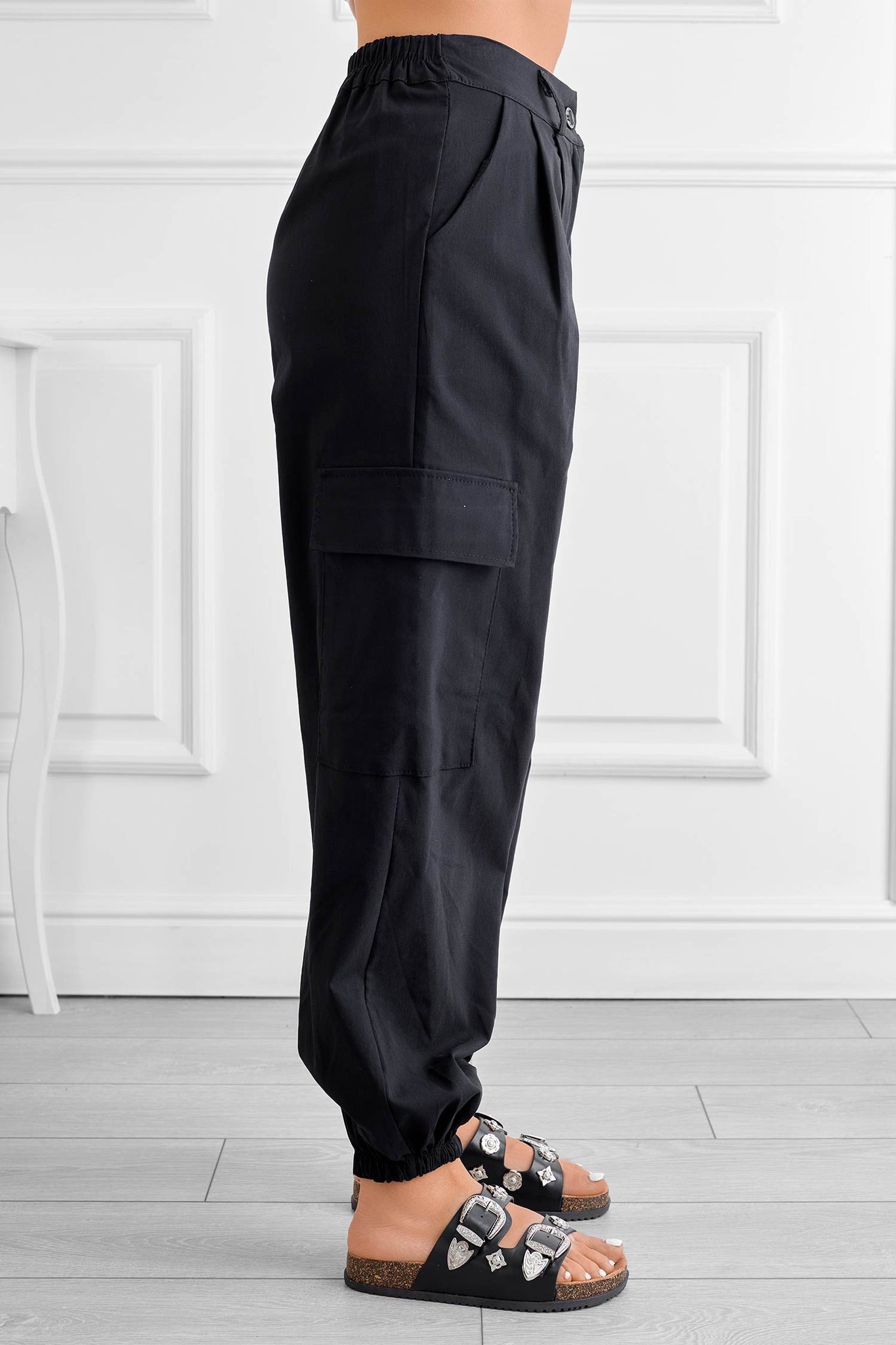 Black cargo pants with side pockets