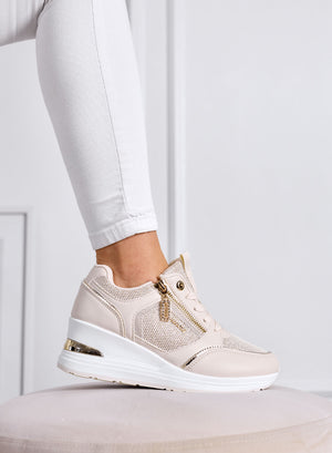 GEMMA - Sneakers beige con Zip Laterale e Inserti Rete