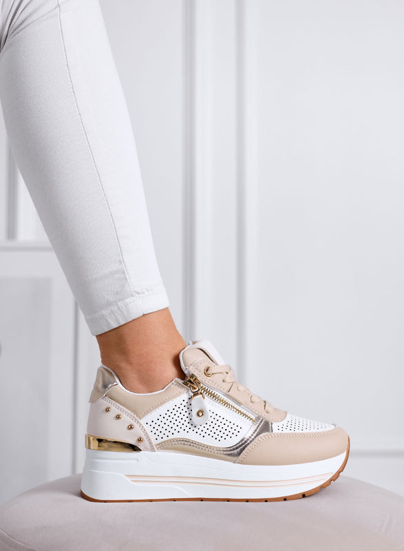 ENEA - Sneakers Beige con Zip Laterale e Dettagli Oro