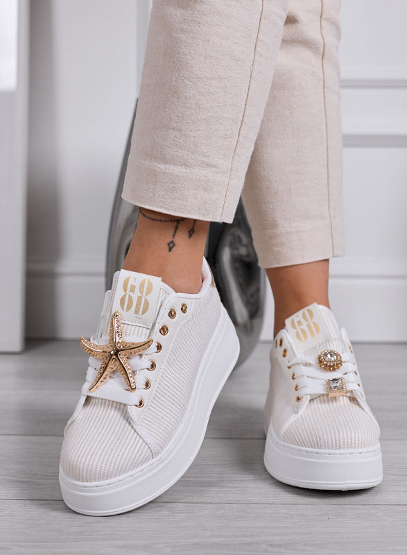 LINDA - White sneakers with gold jewel embellishments and platform sole