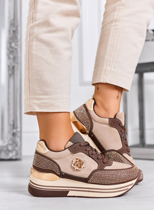 XIOMARA - Brown platform sneakers with gold inserts and rhinestones