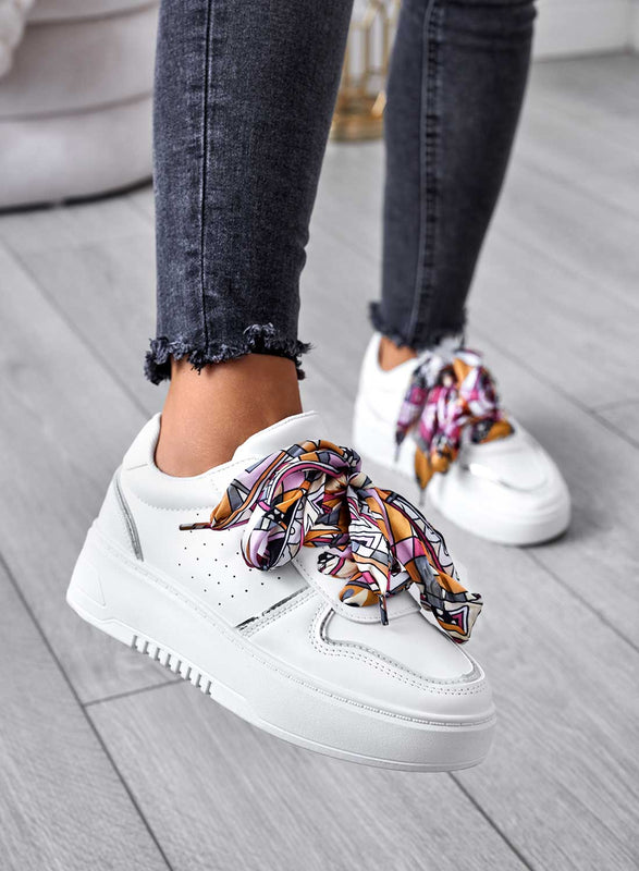 SERENA - Sneakers bianche con lacci in tessuto multicolor