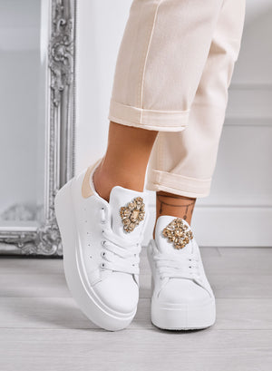 RONNIE - White platform sneakers with large gold jeweled flower