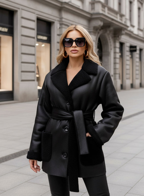 Oversized black shearling jacket with contrasting pockets
