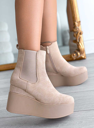 Beige Alexoo ankle boots with wedge heel and side elastic