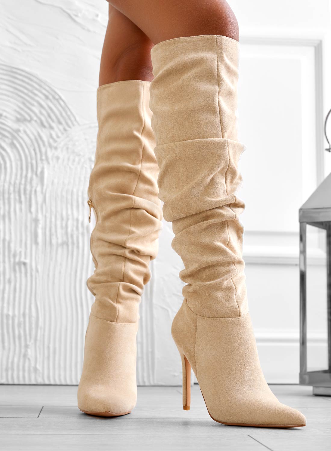 SELENA - Beige Alexoo boots with ruched design and high stiletto heel