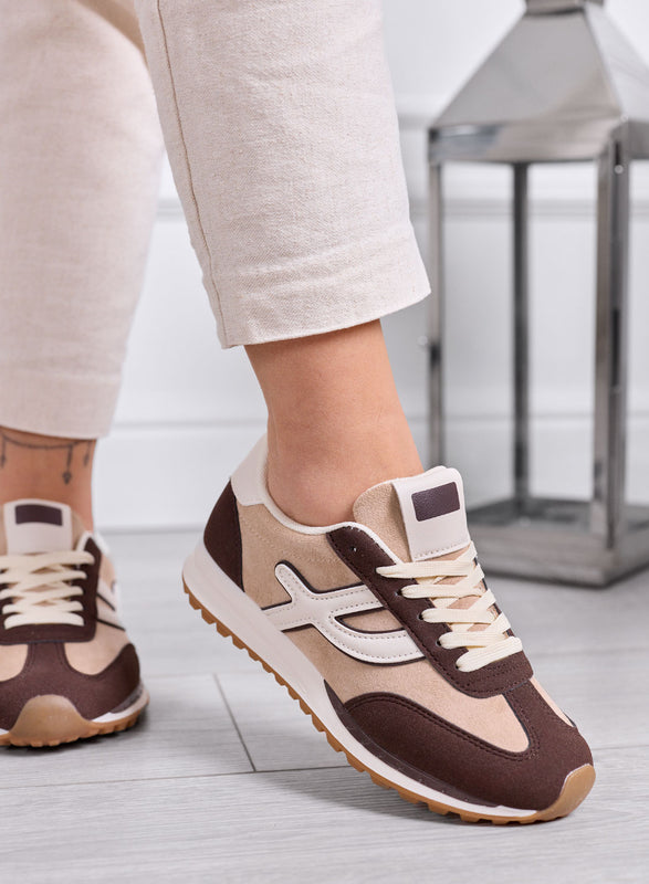 MONICA - Sneakers marroni con inserti e lacci panna