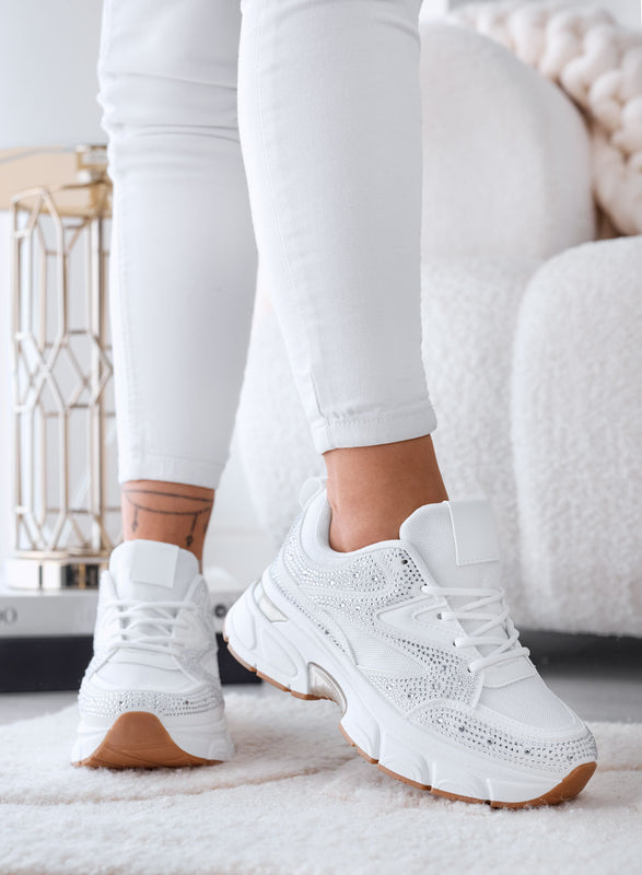 MARTINA - White Sneakers with Rhinestones and Chunky Platform Sole
