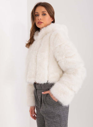 Short white faux fur jacket with long hair and hood