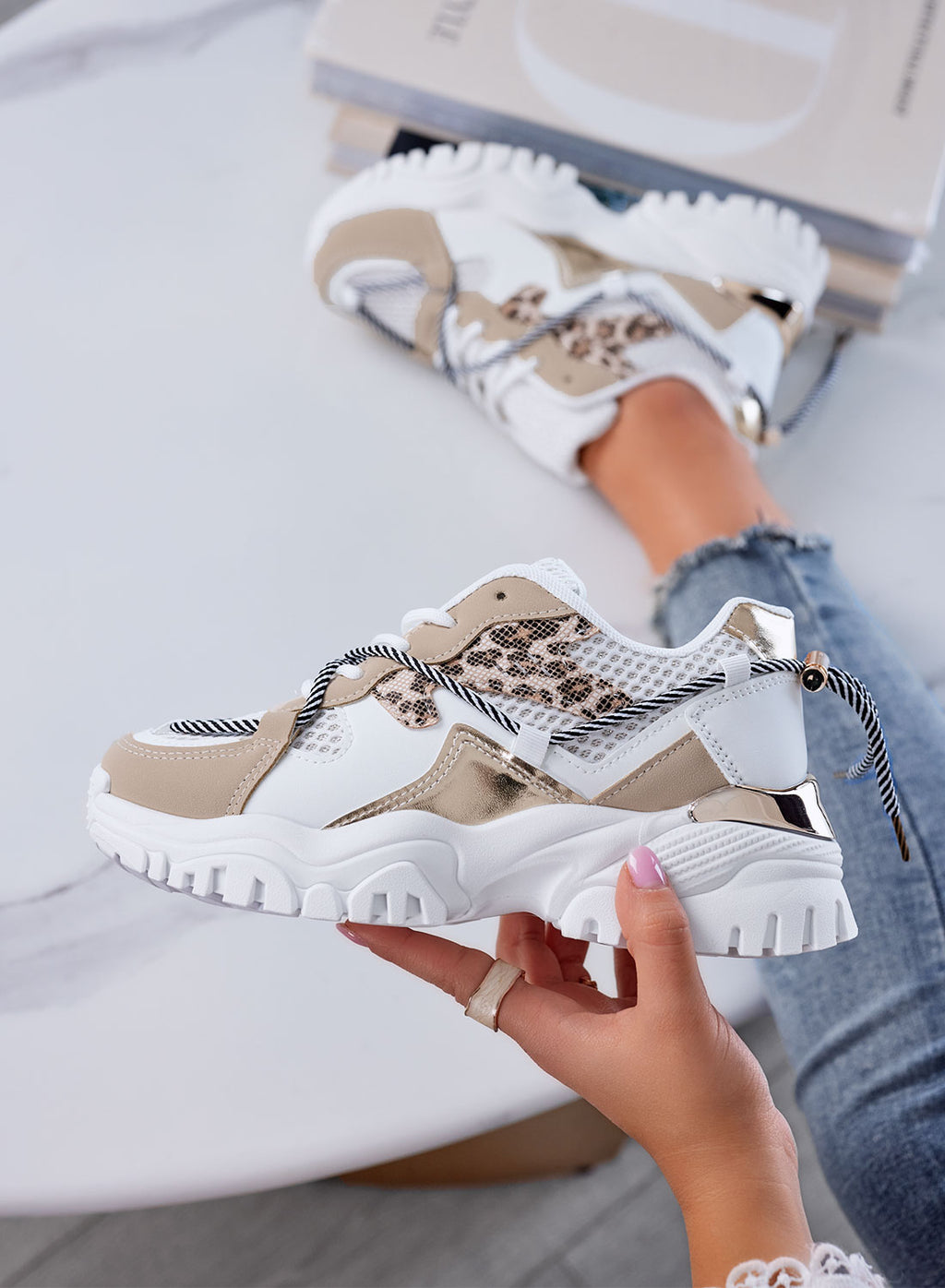 AMANDA - Sneakers chunky beige con dettagli animalier