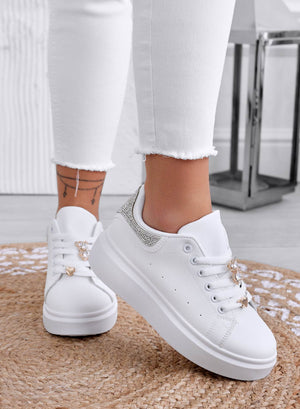 White sneakers with jewel appliqué and silver rhinestone heel