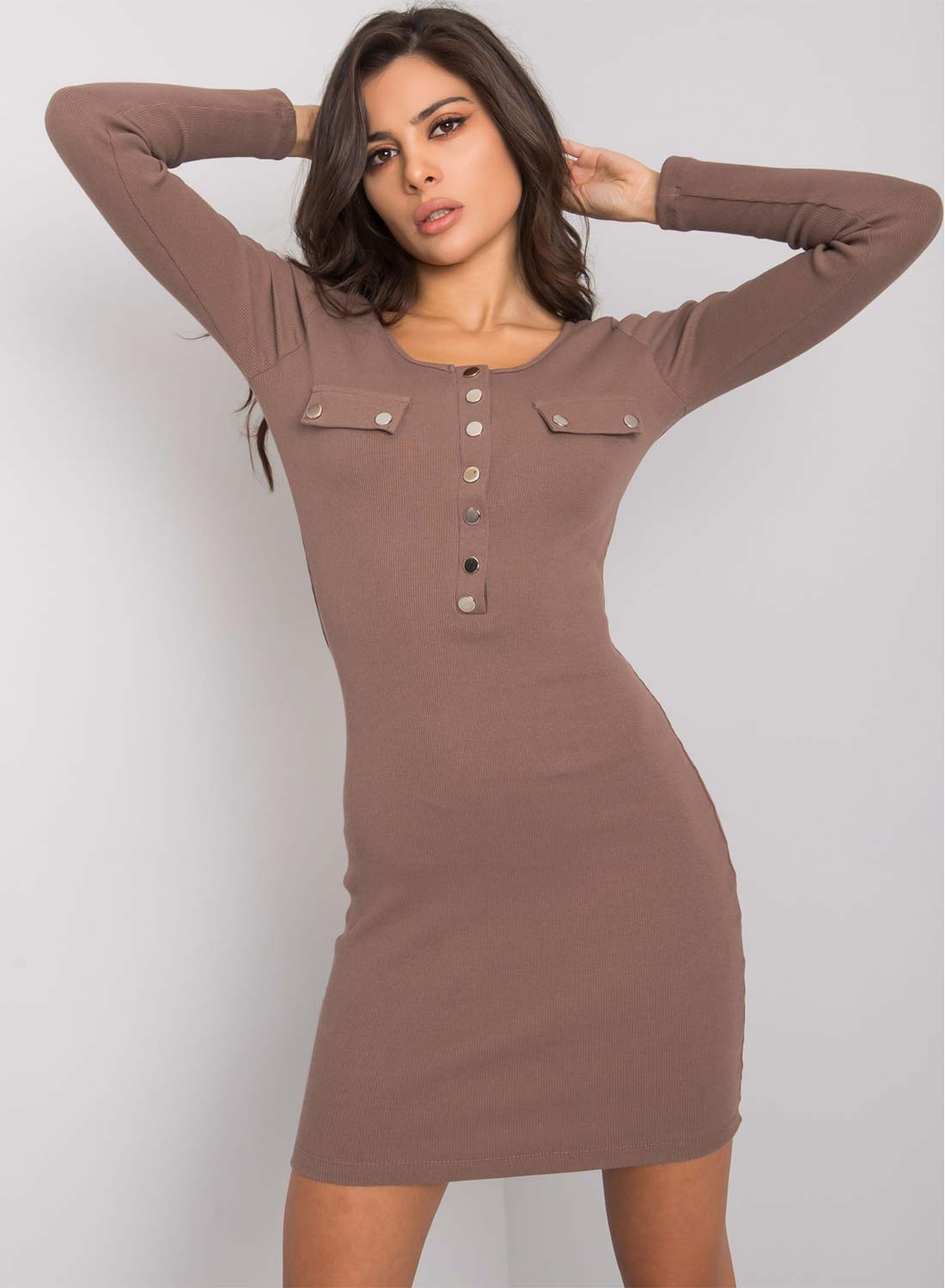 Mud-colored knit dress with gold buttons