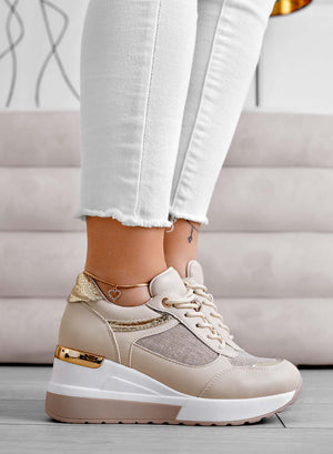Beige sneakers with gold glitter fabric inserts