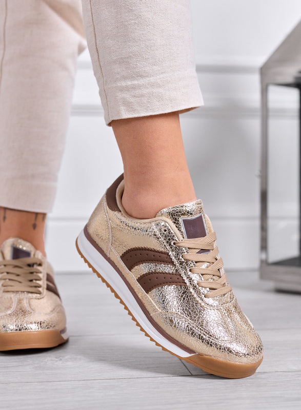 PIERA - Sneakers oro metallizzato con dettagli marroni e suola in gomma