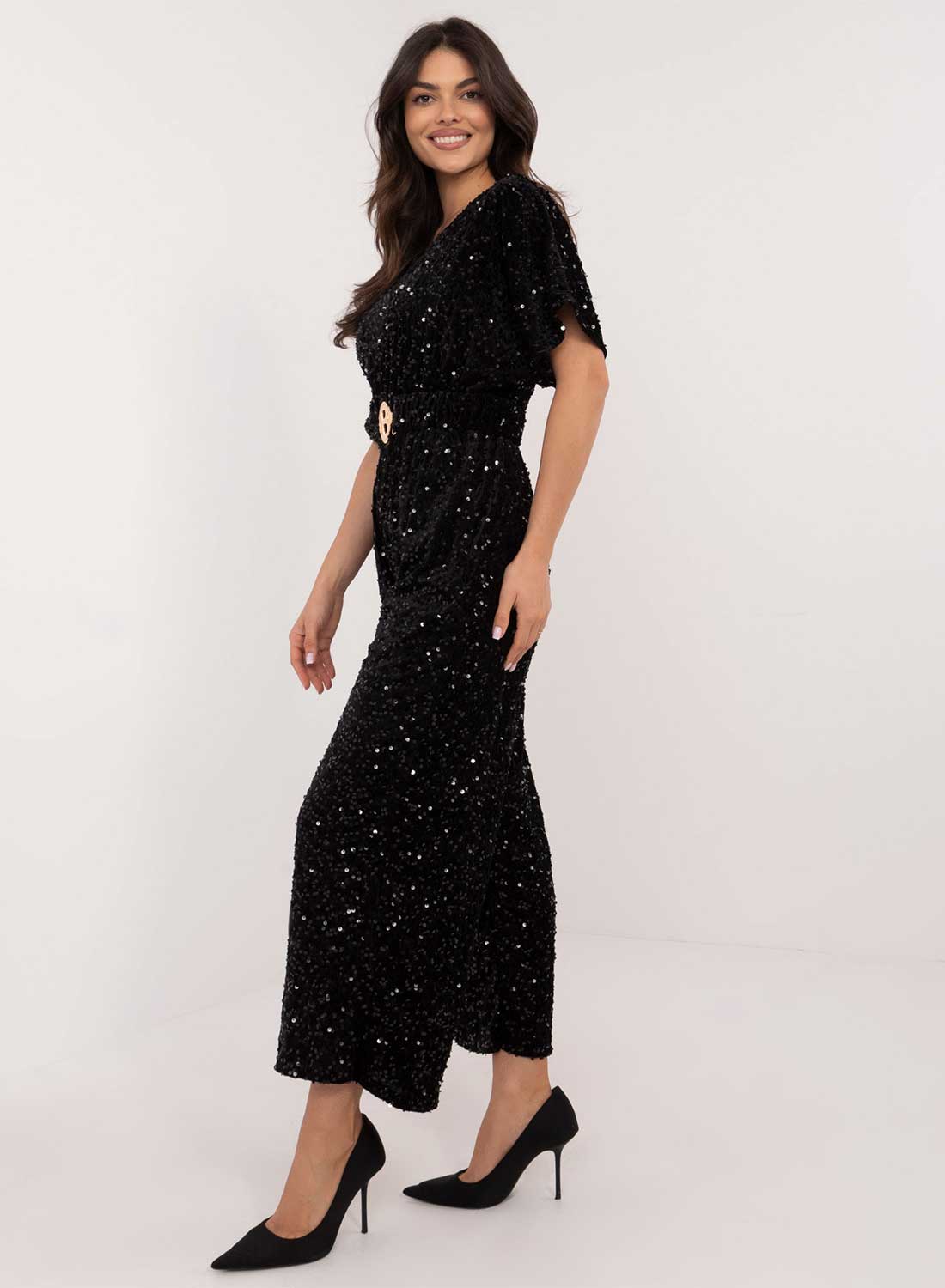 Black sequin jumpsuit with waist belt