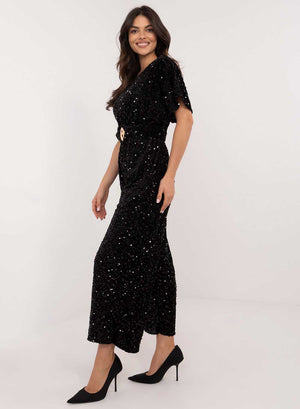 Black sequin jumpsuit with waist belt
