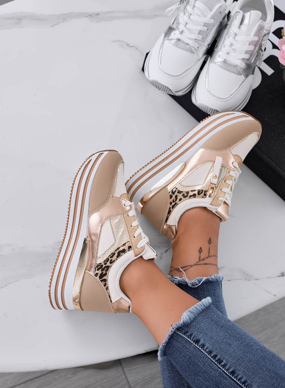 JANNY - Sneakers beige con inserti laminati oro e maculati