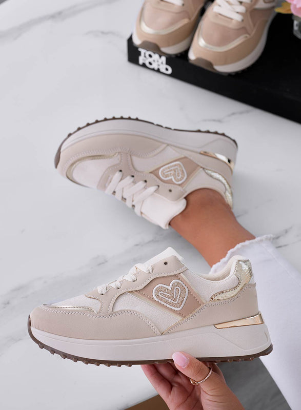 BEATRICE - Sneakers beige con cuore glitter oro