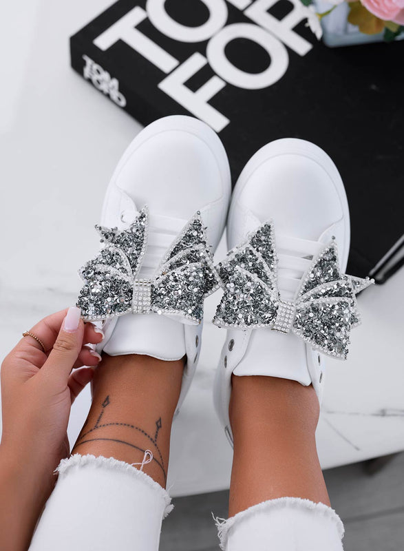 CRYSTAL - Sneakers bianche con zeppa e fiocco gioiello argento