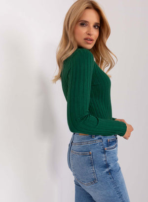 Green ribbed turtleneck sweater