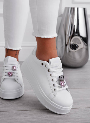 White sneakers with silver heel and pink jewel teddy bear