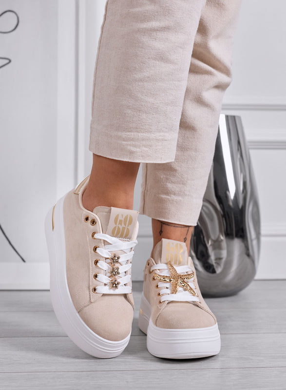 PAMELA - Baskets beige à plateforme avec détails bijoux étoiles