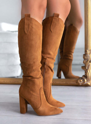 Brown Alexoo suede boots with comfortable heel
