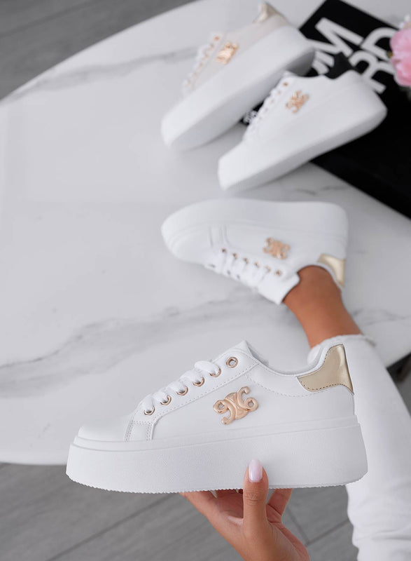 ANNARITA - Sneakers bianche con retro e applicazione oro