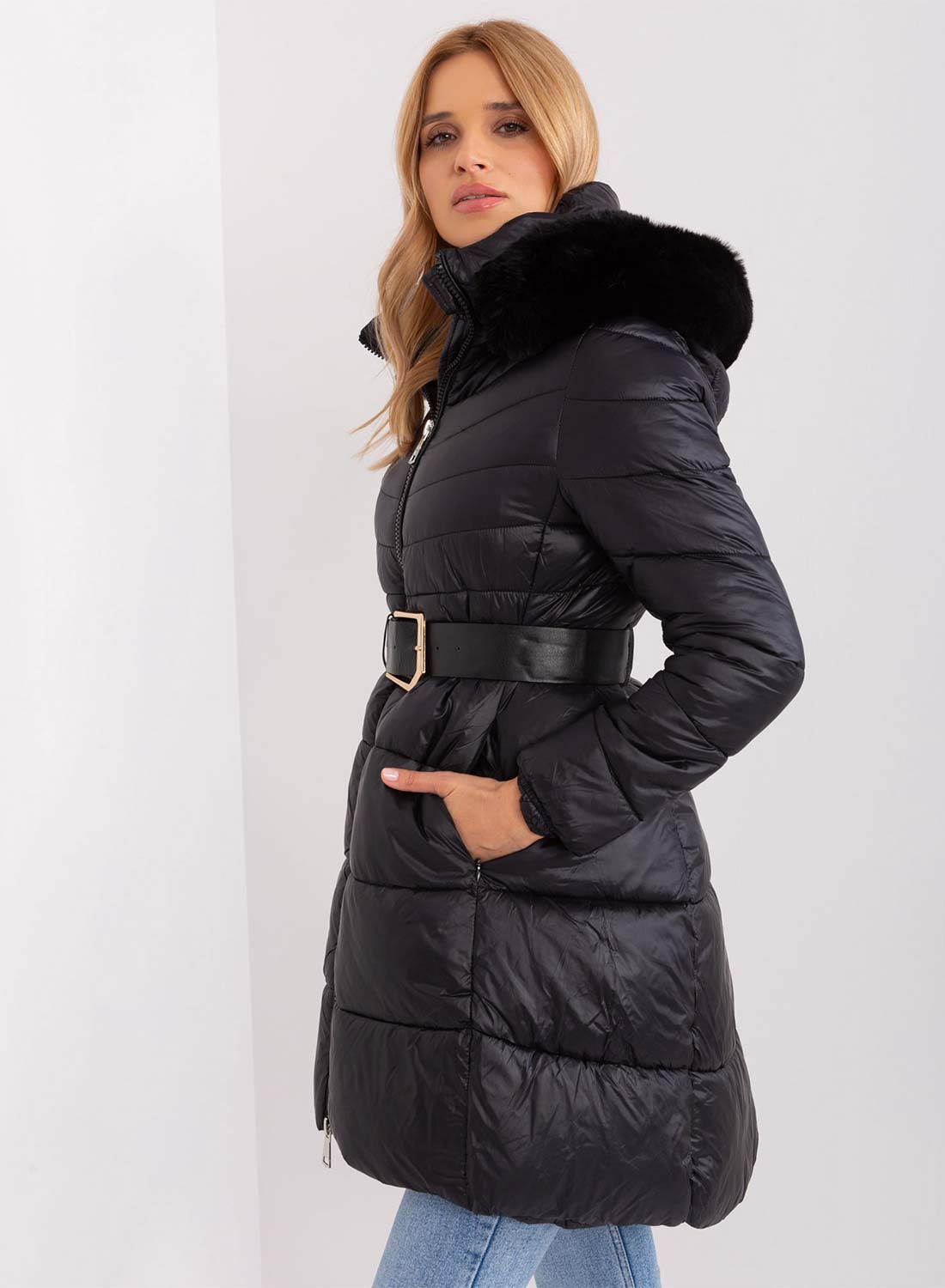 Long padded jacket with hood in black faux fur