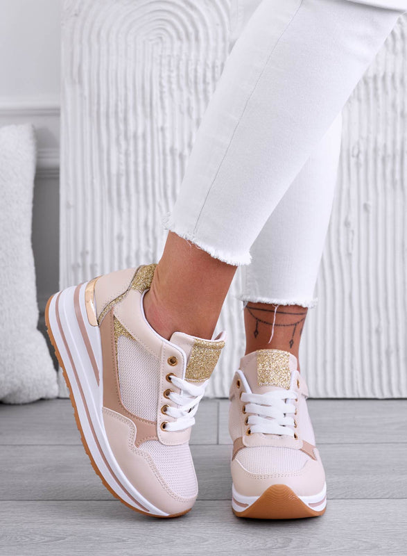 THEA - Sneakers beige con zeppa e rifiniture oro