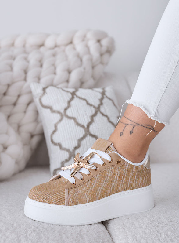 LINDA - Sneakers fango con Applicazioni Gioiello oro e Suola Platform