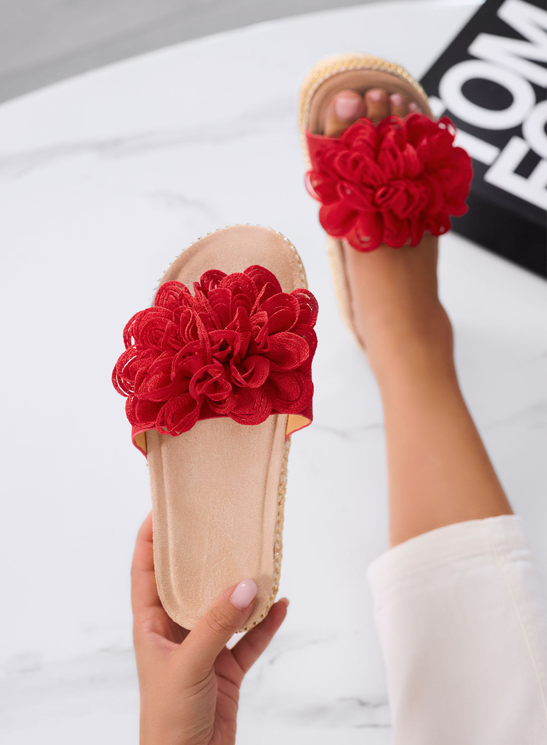 ELEONORA - Sandali Ciabatte rosse con maxi fiore e suola platform in corda