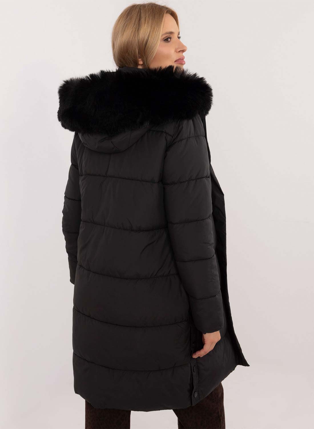 Long black padded jacket with faux fur hood