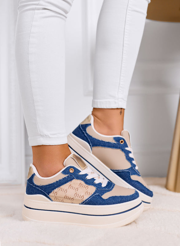 LOREDANA - Sneakers blu jeans con dettagli beige e maxi suola platform