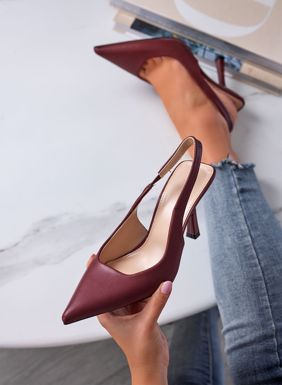 SELINA - Escarpins bordeaux slingback avec talon 9,5 cm
