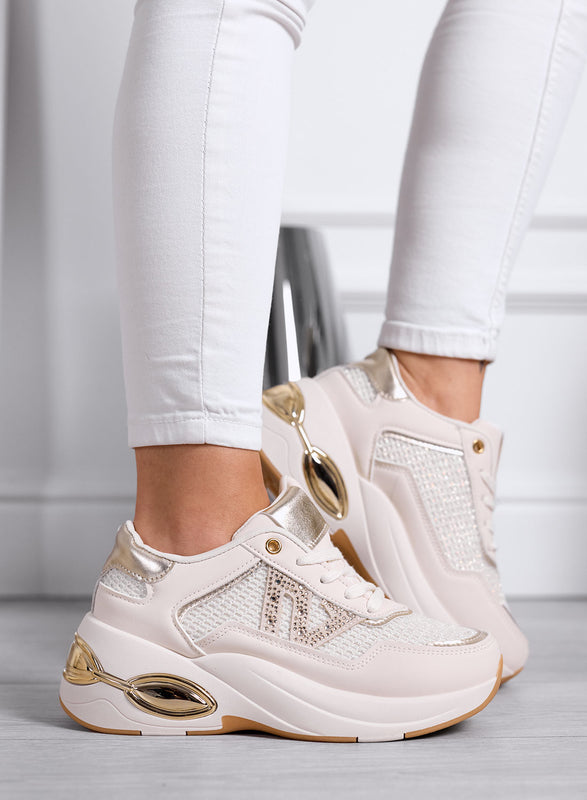 CAMILLA - Sneakers Beige con Strass e Dettagli oro