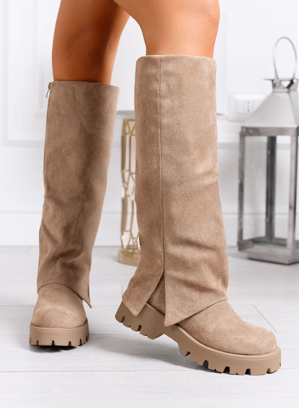 DOLLY - Mud knee-high suede boots with chunky sole