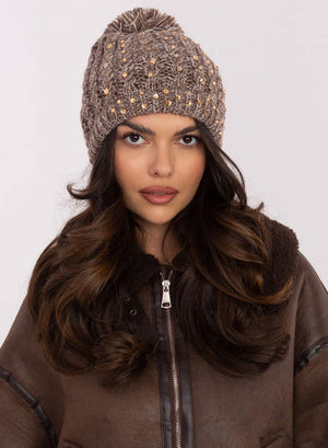 Padded mud-colored hat with rhinestones and pompom